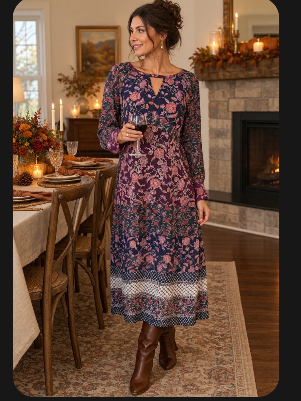 Cabi floral long sleeve festive maxi dress